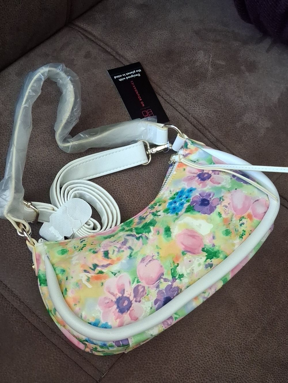 No Boundaries Floral Print Cream Vinyl Crossbody Shoulder Bag
